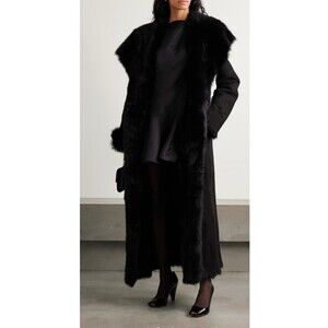 Reversible Genuine Shearling Sheepskin Coat Black Long Fur Winter Jacket L
